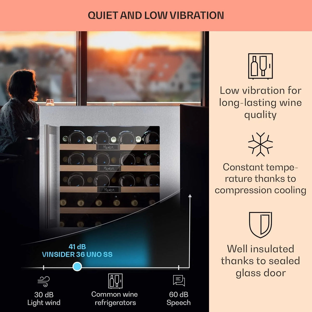 Klarstein Chłodziarka do wina do zabudowy, Mała wąska lodówka na napoje, 1 strefa, chłodziarka ze szklanymi drzwiami, Beersafe Indoor/Outdoor, Mała lodówka z ochroną UV, 5-20°C, 36 butelek