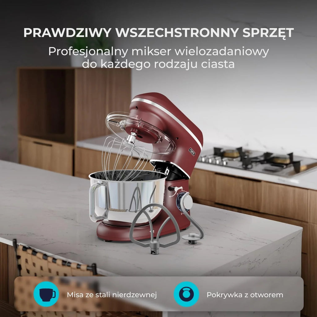 Robot kuchenny - 2000 W - miska do mieszania ze stali nierdzewnej (6,2 l) - mikser kuchenny z mieszania, hakiem do zagniatania, trzepaczką i ochroną przed pryskaniem - w zestawie
