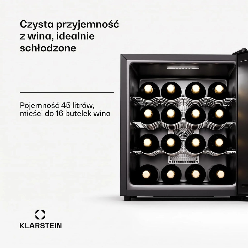 Klarstein Freistehender Weinkühlschrank, 1 Zonen Getränkekühlschrank Klein, Kleiner Weinschrank, Wein-Kühlschrank mit Glastür, Leiser Flaschenkühlschrank für Wein & Bier, 5-22°C, 16 Flaschen