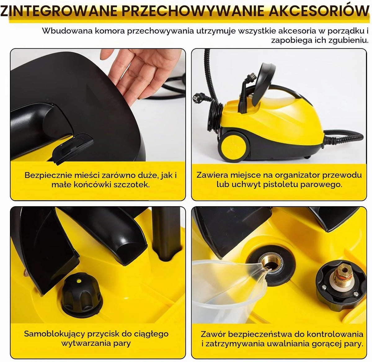 Myjka parowa 2000 W z 23 akcesoriami (w zestawie szczotki zapasowe), ciśnienie pary regulowane do 4 barów na uchwycie, zbiornik na wodę 1,5 l, nawijacz kabla i przegródka na akcesoria, do wszystkich