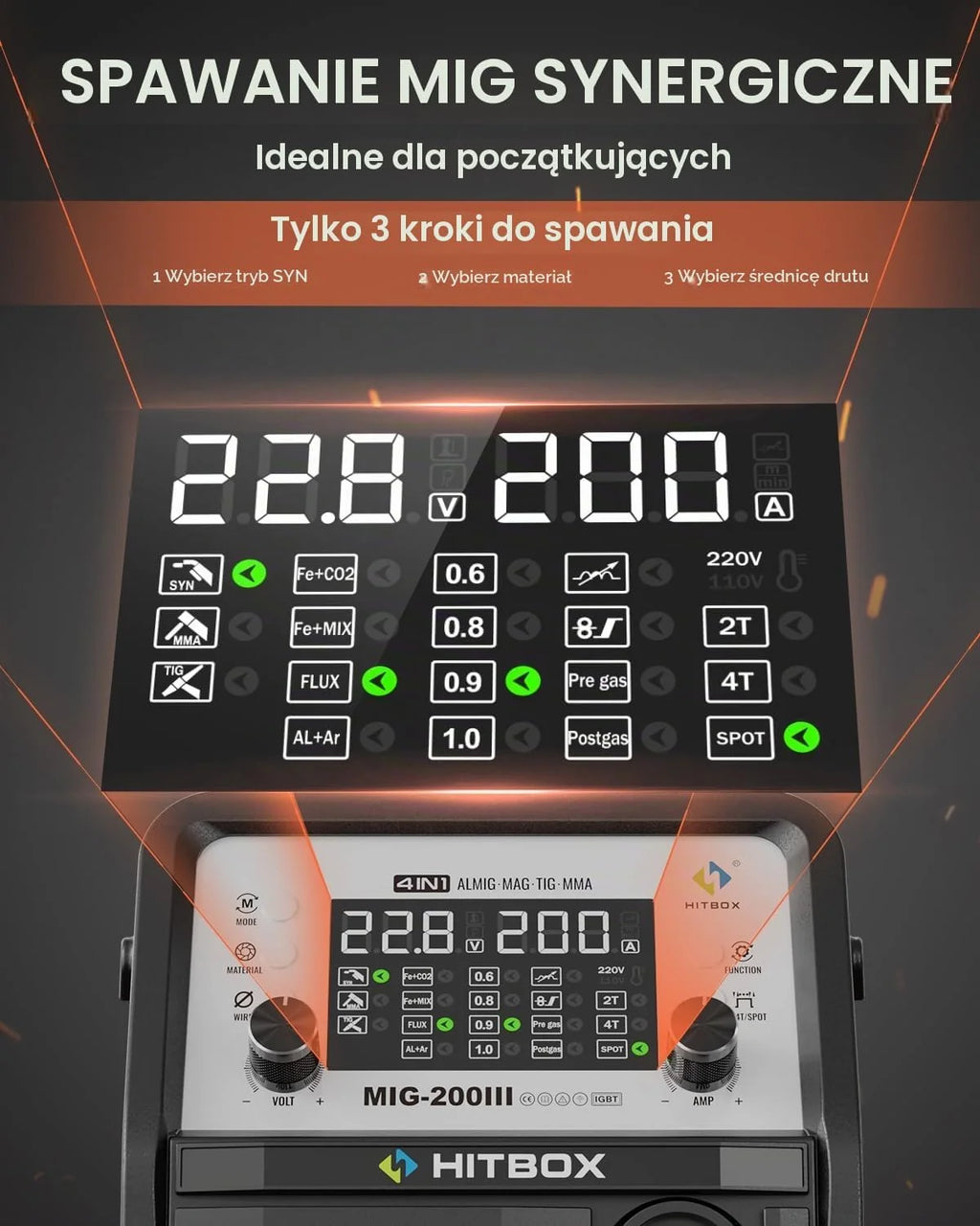 HITBOX Spawarka MIG 200A Wielofunkcyjna, Wyświetlacz LED