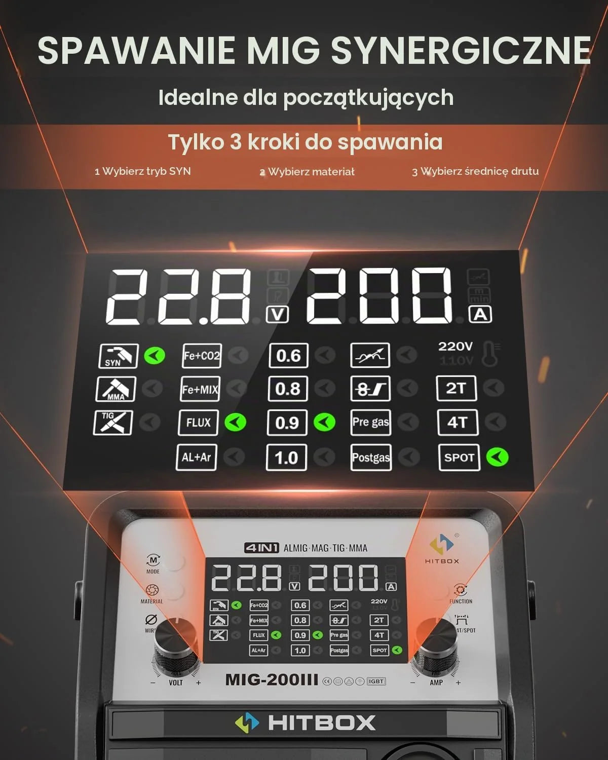 HITBOX Spawarka MIG 200A Wielofunkcyjna, Wyświetlacz LED