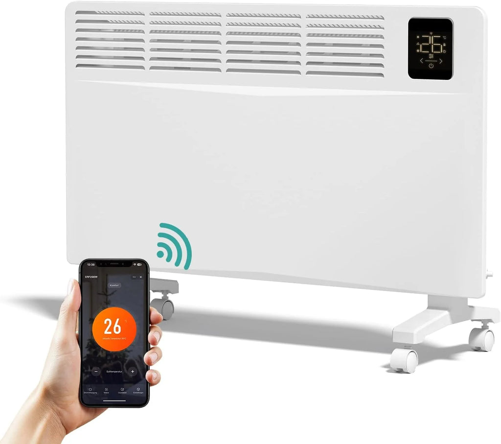 EMKE Ogrzewanie elektryczne, energooszczędne, 2000 W, inteligentne ogrzewanie konwektorowe, elektryczne sterowanie Wi-Fi i aplikacją, grzejnik elektryczny, urządzenie stojące lub montaż ścienny, białe