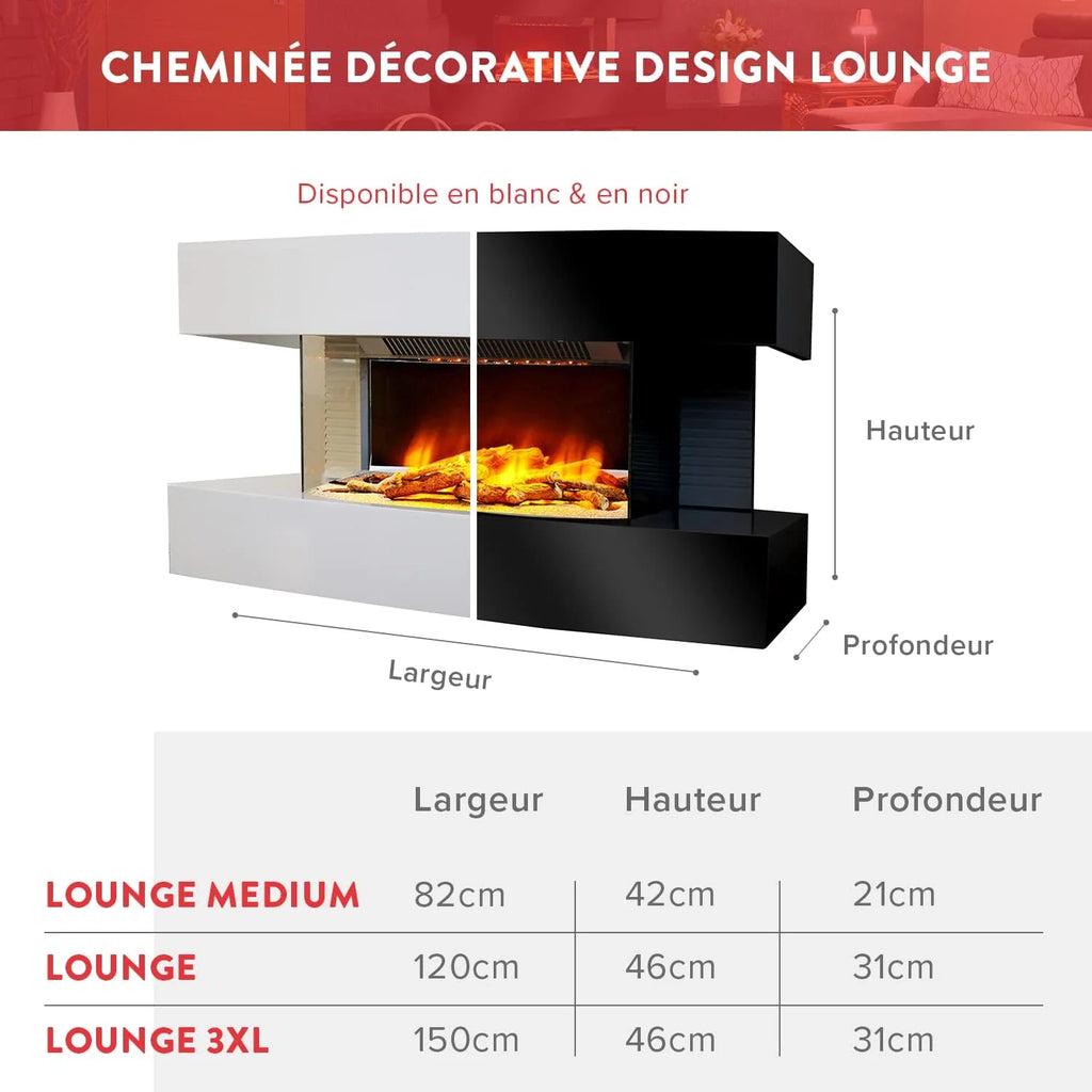 CHEMIN'ARTE Elektryczny kominek ścienny Design Lounge Medium – biały – efekt płomieni LED – ogrzewanie elektryczne 2000W - zaprojektowany we Francji – 2 lata gwarancji