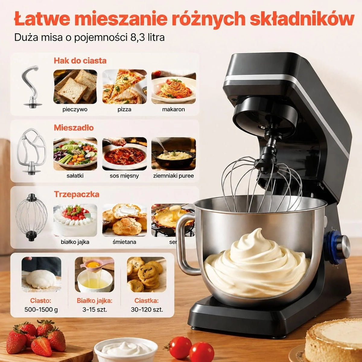 Mikser planetarny 1400 W, misa ze stali nierdzewnej 7,84 L, głowica uchylna, 6 biegów puls, hak, trzepaczka, skrobak, czarny