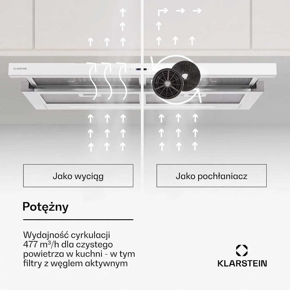 Klarstein Okap kuchenny, wentylator wyciągowy z filtrem przeciwtłuszczowym do mycia w zmywarce, okapy z przepływem powietrza 640 m³/h Airflow, wyciągi kuchenne