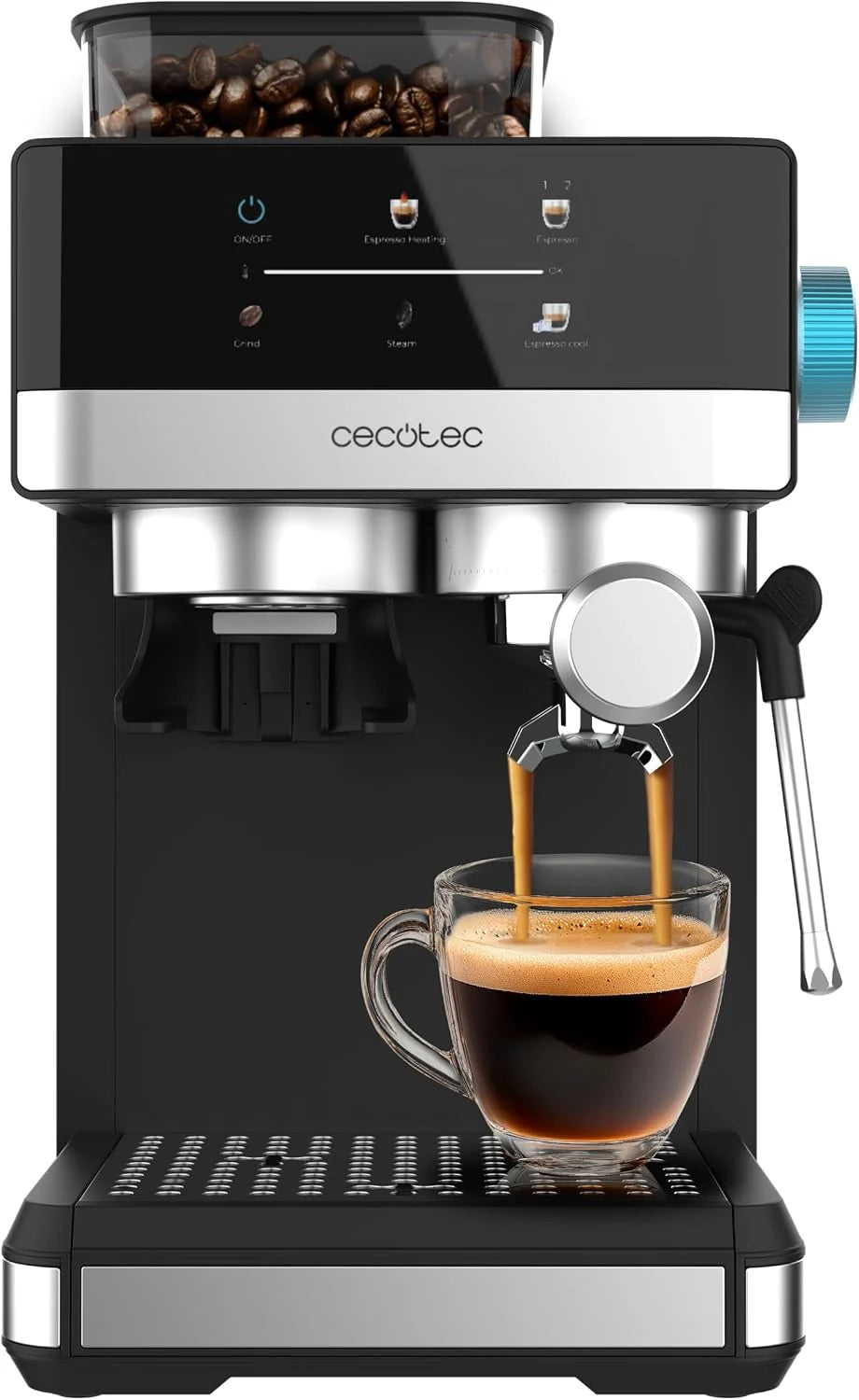 Cecotec Ekspres do kawy Power Espresso 20 Grind Fresh. 1350W, 20 barów, ekran dotykowy, termoblok, zbiornik na wodę 1,7 l, 20 poziomów mielenia, zbiornik na kawę 150g, spieniacz do mleka