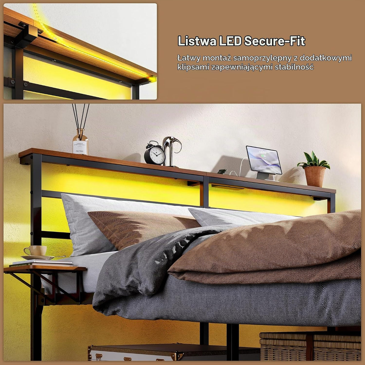Yaheetech Rama łóżka 160 × 200 cm z metalowym stelażem, łóżko 2-osobowe z oświetleniem LED i stacją ładującą (2 AC, 2 USB), podwójne łóżko z półką do przechowywania, pojemność 400 kg