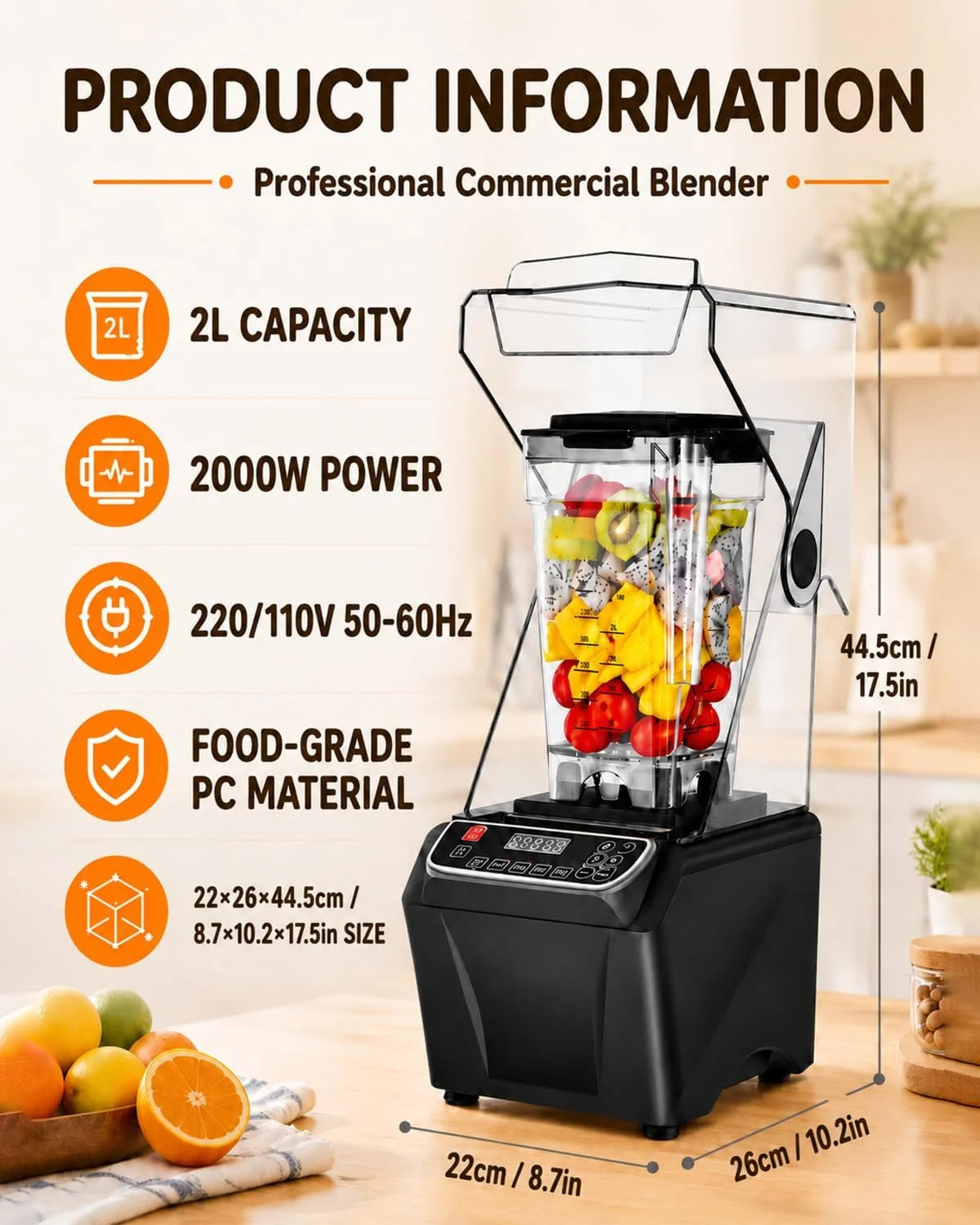 Blender Wysokoobrotowy 2000W, 2L, 38 000 obr./min, Ostrza Inox PC