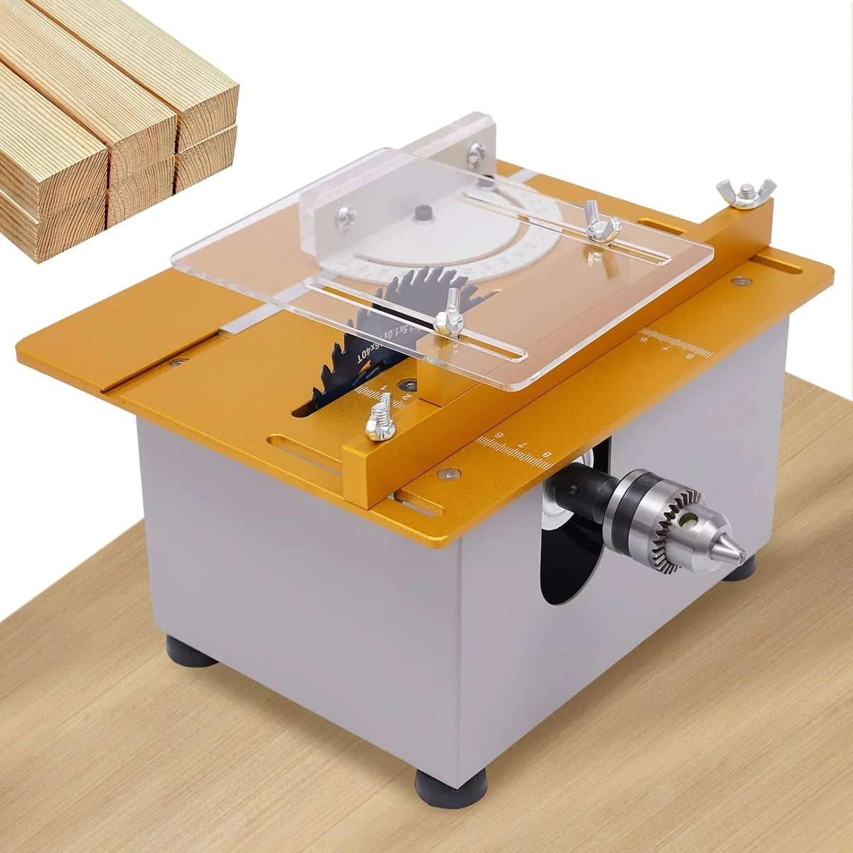 Mini stołowa pilarka tarczowa 300 W, wielofunkcyjna pilarka stołowa, przenośna, precyzyjna piła stołowa z 4 brzeszczotami, regulowana wysokość brzeszczotu, 9000 obr./min, do cięcia, szlifowania,