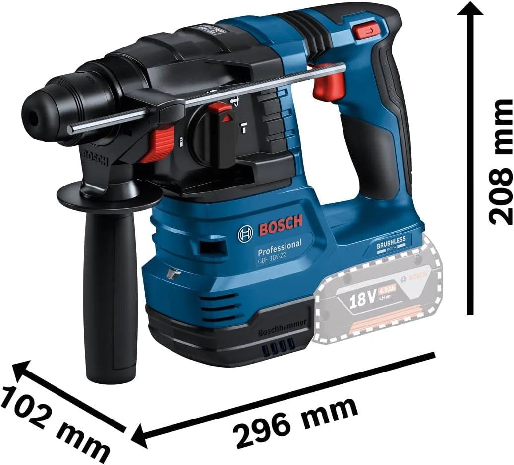 Bosch Professional system 18V: akumulatorowy młot udarowo-obrotowy GBH 18V-22 (SDS plus, idealny do wiercenia otworów o średnicy 6–10 mm, KickBack Control i Vibration Control)