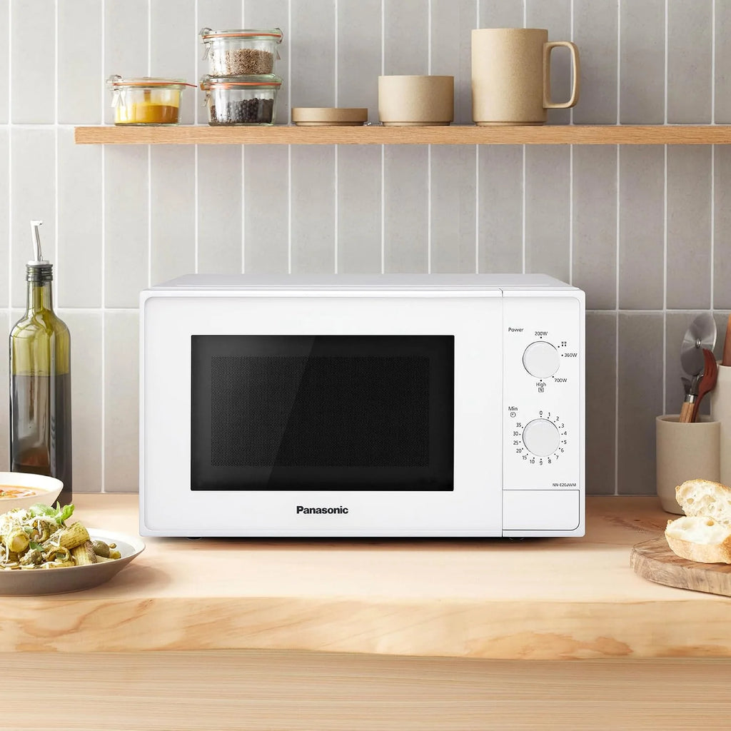 Panasonic NN-E20JWMEBG Kuchenka mikrofalowa ze szklanym talerzem obrotowym, 20 L, 800 W, ustawienie rozmrażania, 5 poziomów mocy, timer, biała