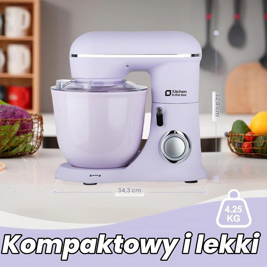 Kitchen in the box robot kuchenny, 4,5 L i 5 L maszyna do ugniatania ciasta, mikser ciasta z 10+P prędkościami z hakiem do zagniatania, mieszadłem i trzepaczką, 1300 W, fioletowy
