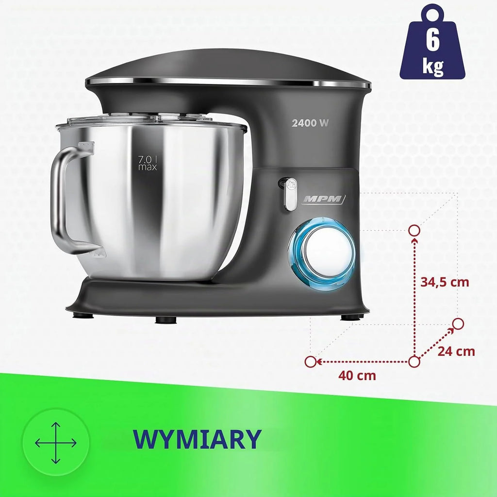 MPM Planetarny robot kuchenny MRK-23 – wielofunkcyjny mikser kuchenny 7 l – urządzenia kuchenne o wszechstronnym zastosowaniu, 2400 W, dwie miski, trzy wymienne trzepaczki