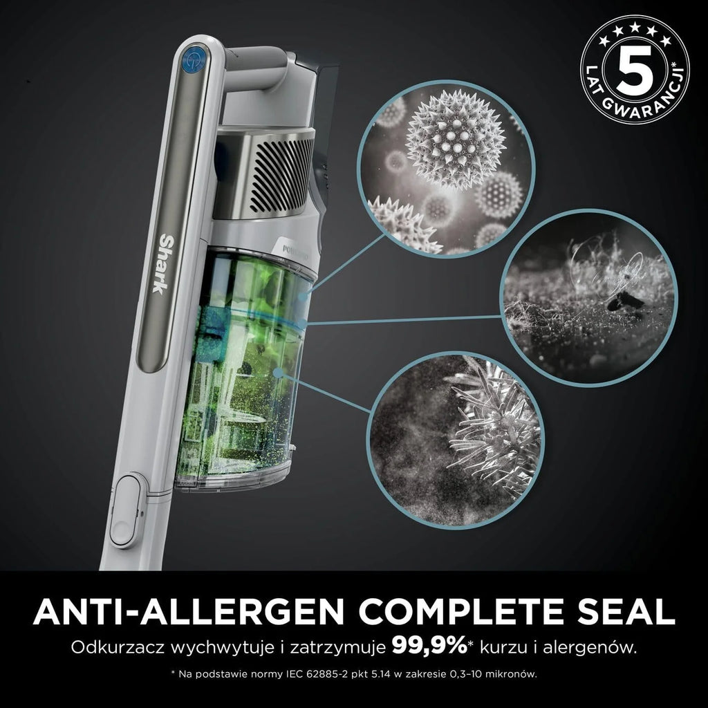 Shark PowerPro Odkurzacz bezprzewodowy, FloorDetect, Anti-Hair Wrap, Anti-Allergen Complete Seal, lekki, elastyczny, tryb ręczny, czas pracy 50 min, pojemnik na kurz XL, metaliczny (java), IZ380EUT