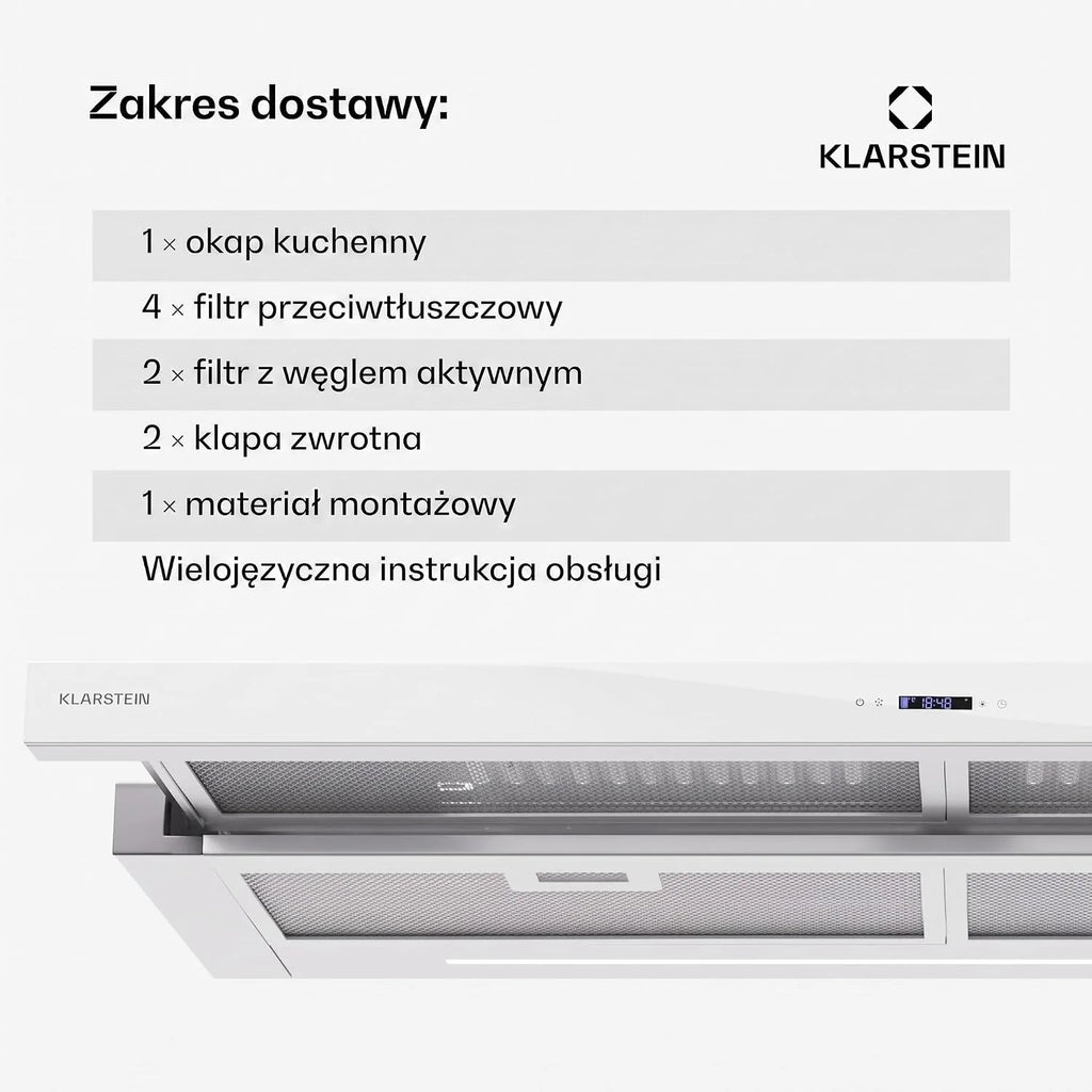 Klarstein Okap kuchenny, wentylator wyciągowy z filtrem przeciwtłuszczowym do mycia w zmywarce, okapy z przepływem powietrza 640 m³/h Airflow, wyciągi kuchenne