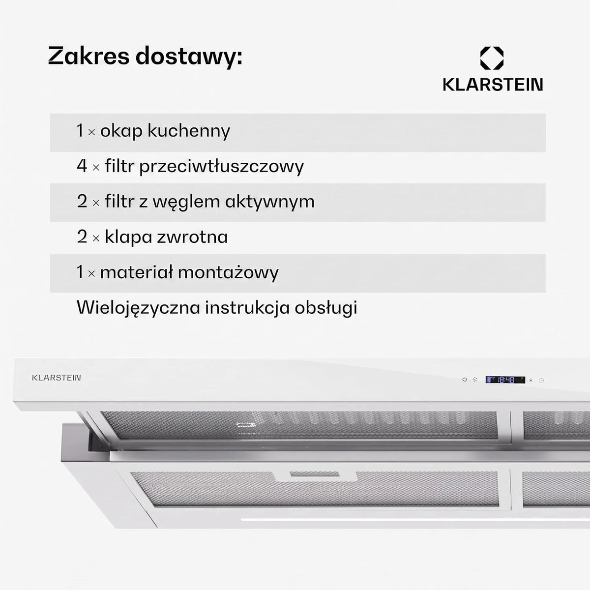 Klarstein Okap kuchenny, wentylator wyciągowy z filtrem przeciwtłuszczowym do mycia w zmywarce, okapy z przepływem powietrza 640 m³/h Airflow, wyciągi kuchenne