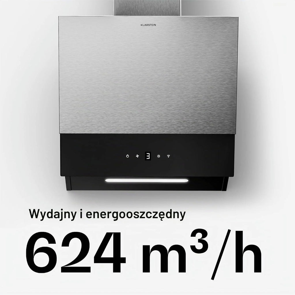 Klarstein Okap kuchenny, Verosteel 45 cm – okap skośny, 624 m³/h, energooszczędny A++, dotykowy, LED, cichy, ze stali nierdzewnej i szkła, filtr przystosowany do mycia w zmywarce