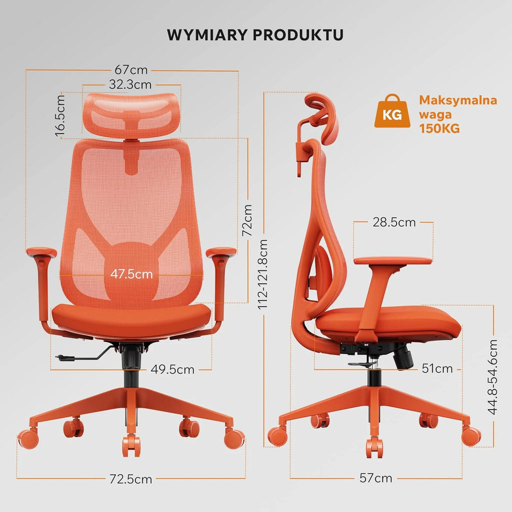 SENSE7 Fotel Biurowy Gamingowy Ergonomiczny Krzesło Obrotowe Biurowe Regulowany dla Home Office Graczy 150kg Oddychająca Tkanina Regulowany Zagłówek z Podparciem Podłokietnikami 3D - MOYO Pomarańcz