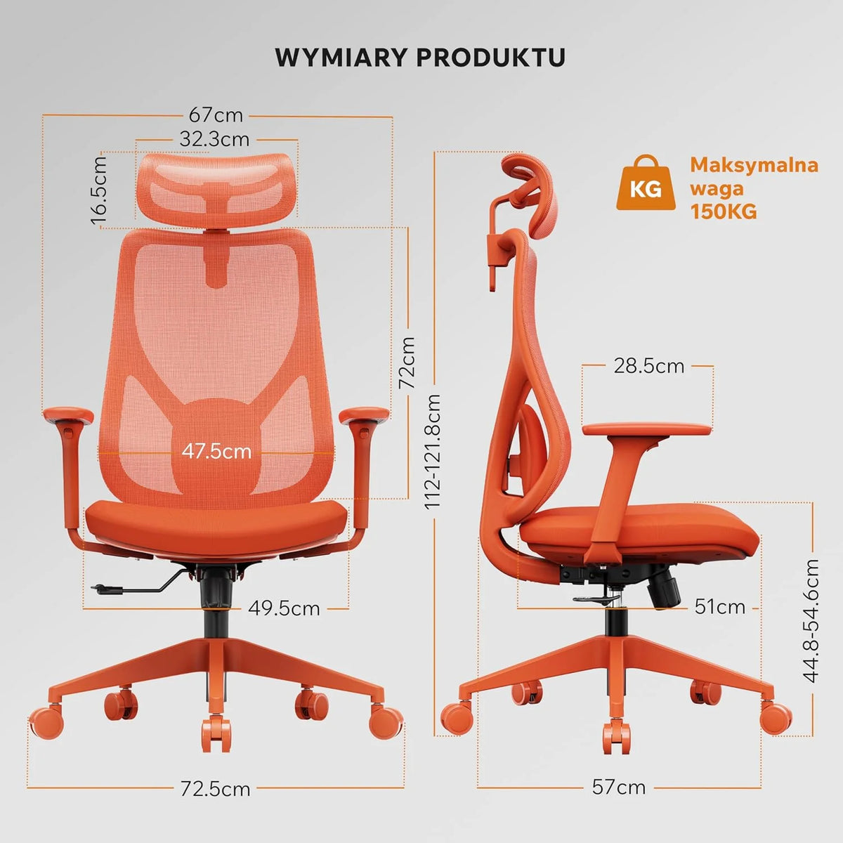 SENSE7 Fotel Biurowy Gamingowy Ergonomiczny Krzesło Obrotowe Biurowe Regulowany dla Home Office Graczy 150kg Oddychająca Tkanina Regulowany Zagłówek z Podparciem Podłokietnikami 3D - MOYO Pomarańcz