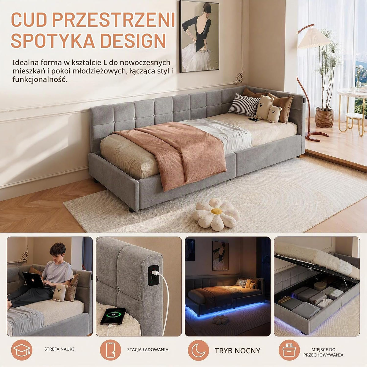 Łóżko z szufladą 90x200 z oświetleniem LED i USB, Łóżko dziecięce 90x200 z hydraulicznym schowkiem, Łóżko tapicerowane w kształcie L, Łóżko jednoosobowe z stelażem, Welur, Szary (bez materaca)