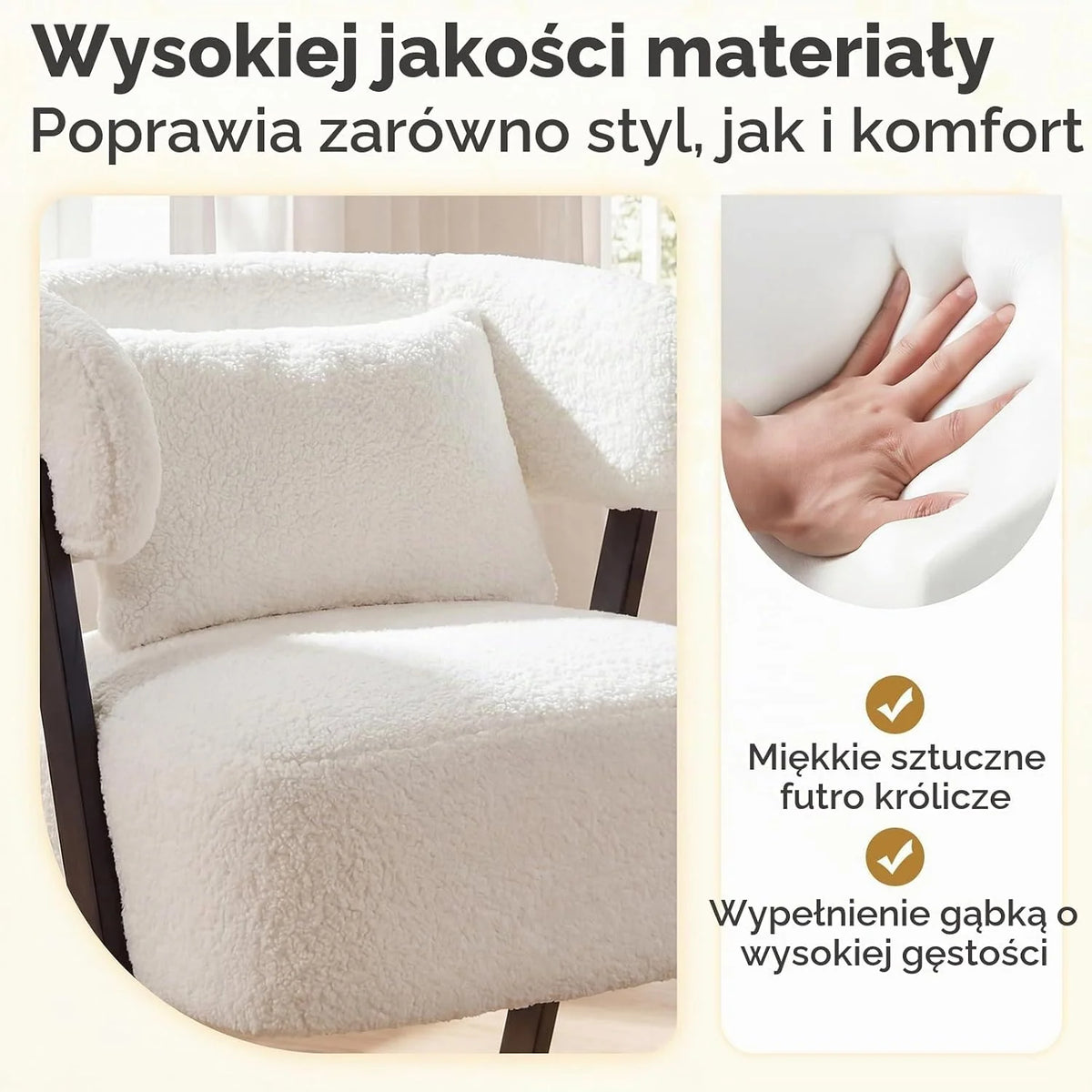 COSTWAY Fotel, fotel ze sztucznego futra z poduszkami lędźwiowymi i metalowymi nogami, tapicerowany fotel do 150 kg, wygodne krzesło tapicerowane do salonu, sypialni i gabinetu (kolor beżowy)