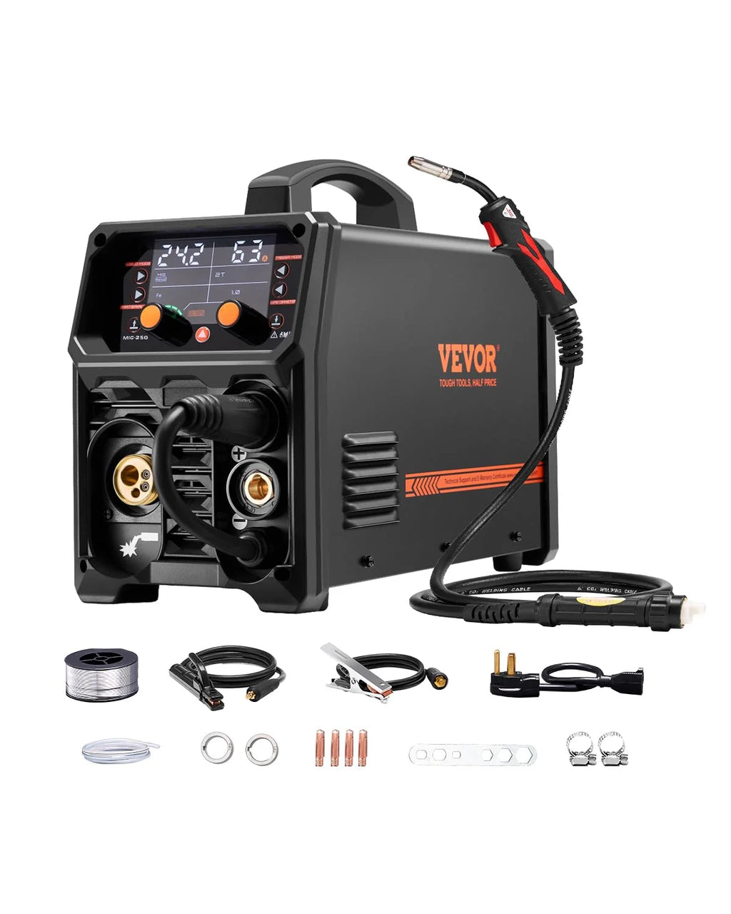 VEVOR Spawarka MIG, 250 A, spawarka synergiczna, przenośna spawarka gazowa MIG, bezgazowa, MMA, 5 w 1, z technologią Inverter IGBT, wyświetlacz LCD, latarka podnosząca TIG nie wchodzi w zakres dostawy