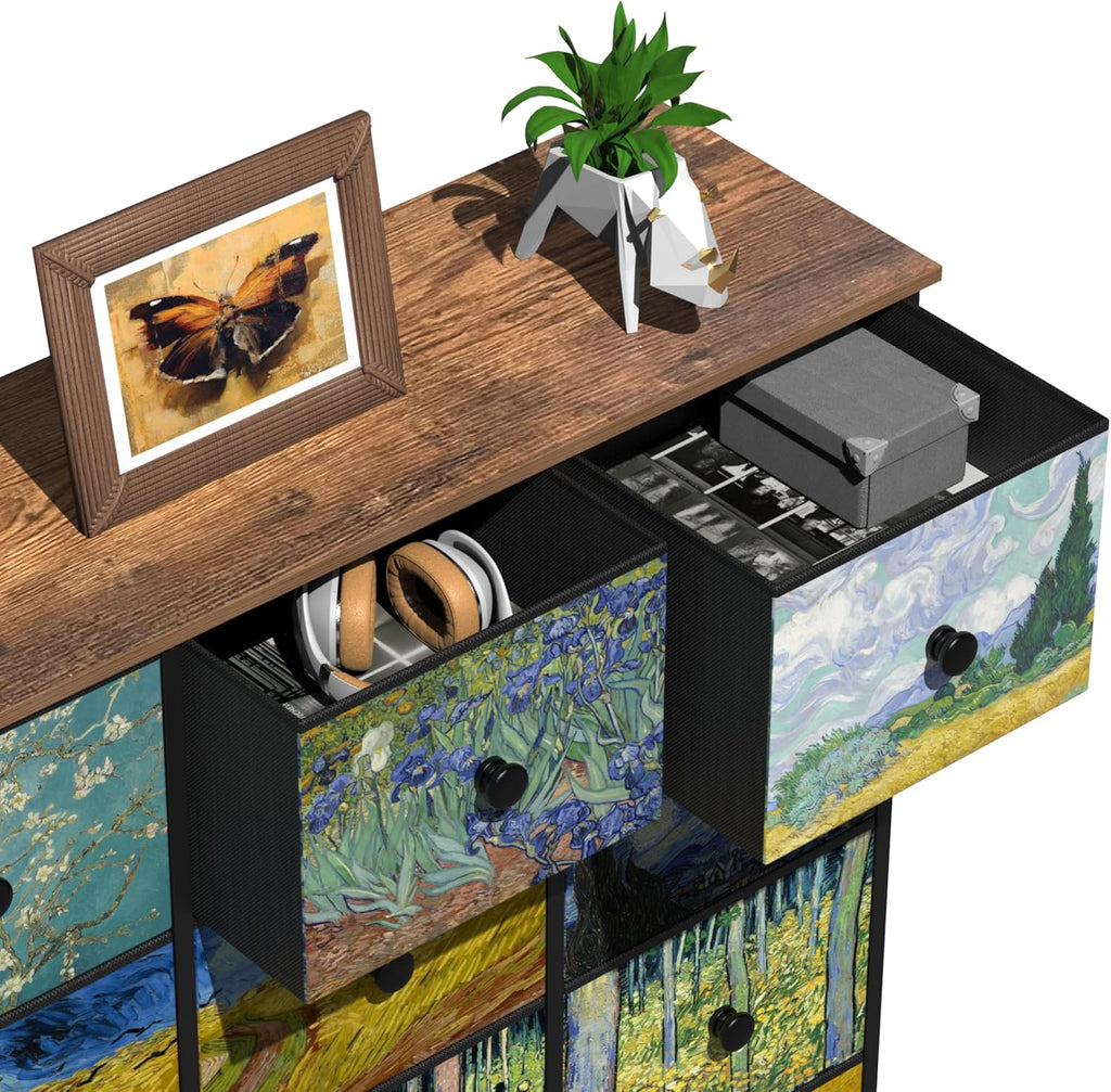VEDECASA - Wąska, wysoka komoda z 12 szufladami, motyw Van Gogh, do pokoju dziecięcego, salonu, korytarza, sypialni, biura, struktura metalowa i panel drewniany