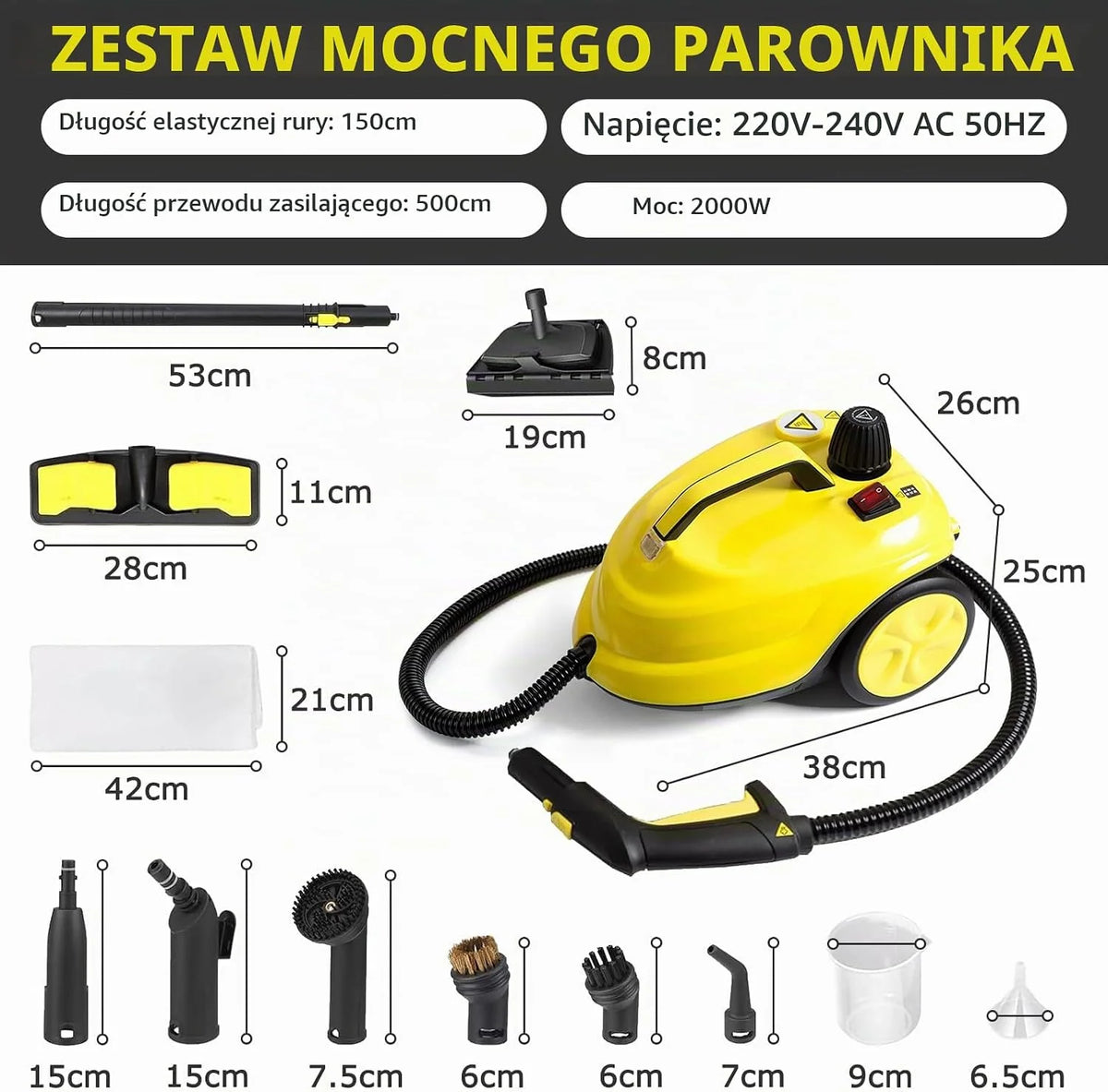 Odkurzacz parowy 2000 W, 5 bar, wielofunkcyjny, zbiornik 2 l