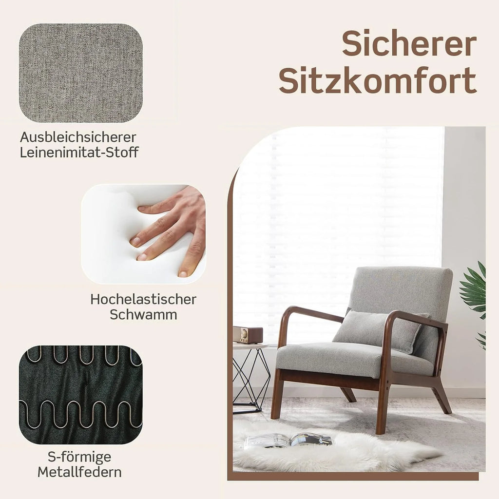 COSTWAY Fotel do salonu, tapicerowany, nowoczesne krzesło, drewno, z podłokietnikami, jednoosobowa sofa do salonu, sypialni, 65 x 79 x 77 cm, szary