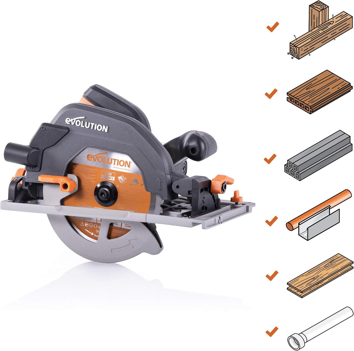 Evolution Power Tools R185CCSX Piła tarczowa i prowadnica do różnych materiałów, tnie drewno, drewno z gwoździami metal stal aluminium plastik, opcja odchylenia, w zestawie prowadnica 1020 mm, 185 mm