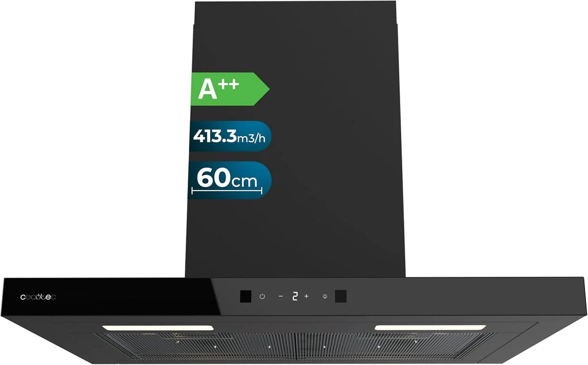 Cecotec Bolero Flux TT 604400 Black A++, okap kuchenny w kształcie litery T, 60 cm, moc ssania 413,3 m³/h, klasa A++, niewidoczne sterowanie dotykowe, sterowanie ręczne ruchem, funkcja Booster, filtr