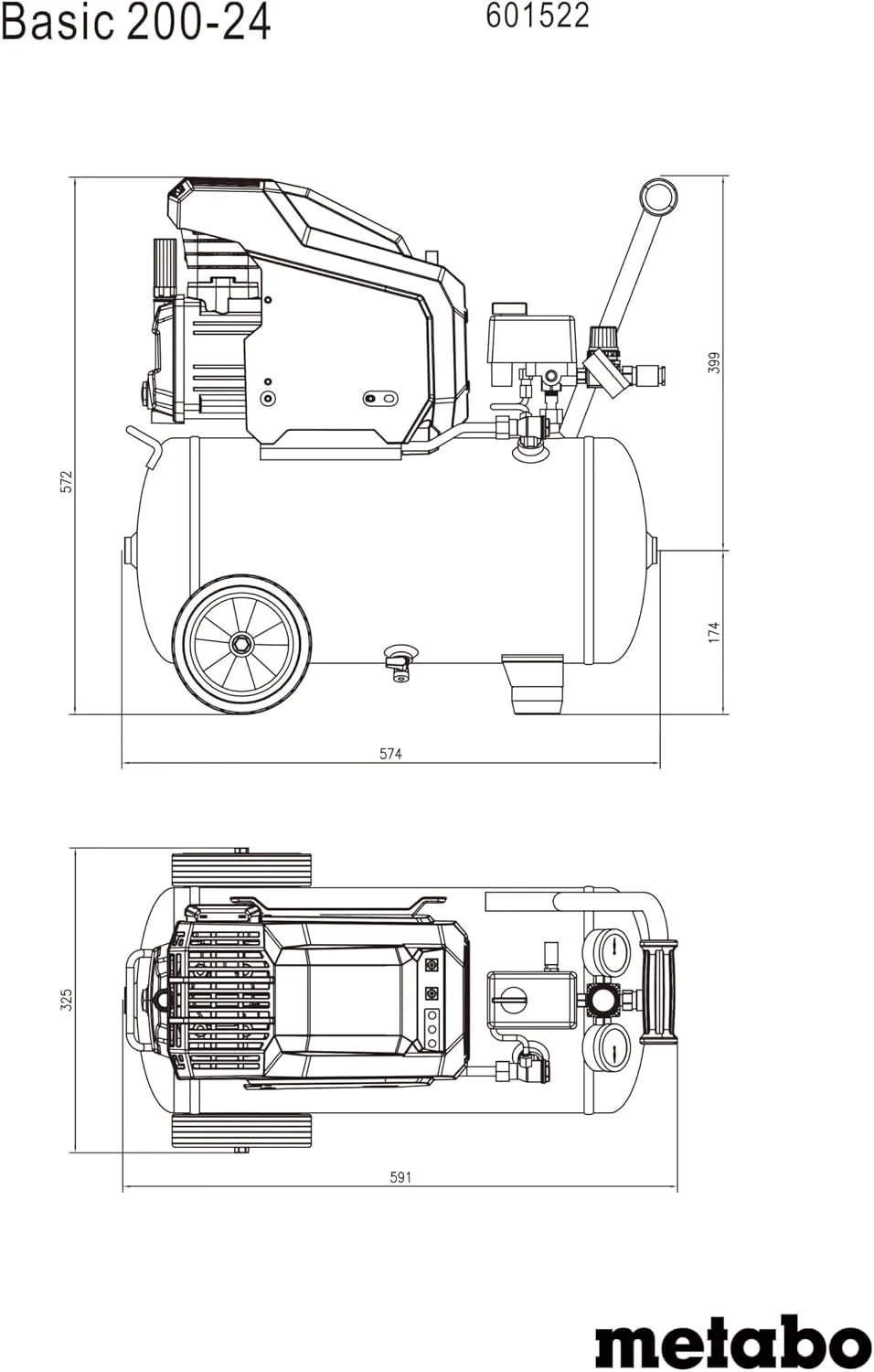 Metabo Mega 700-90 D kompresor (11 bar, 4 kW, ilość dostawy 450 l/min, rozmiar kotła 90 l, gumowane koła, kółka skrętne, akcesoria warsztatowe) 601522000