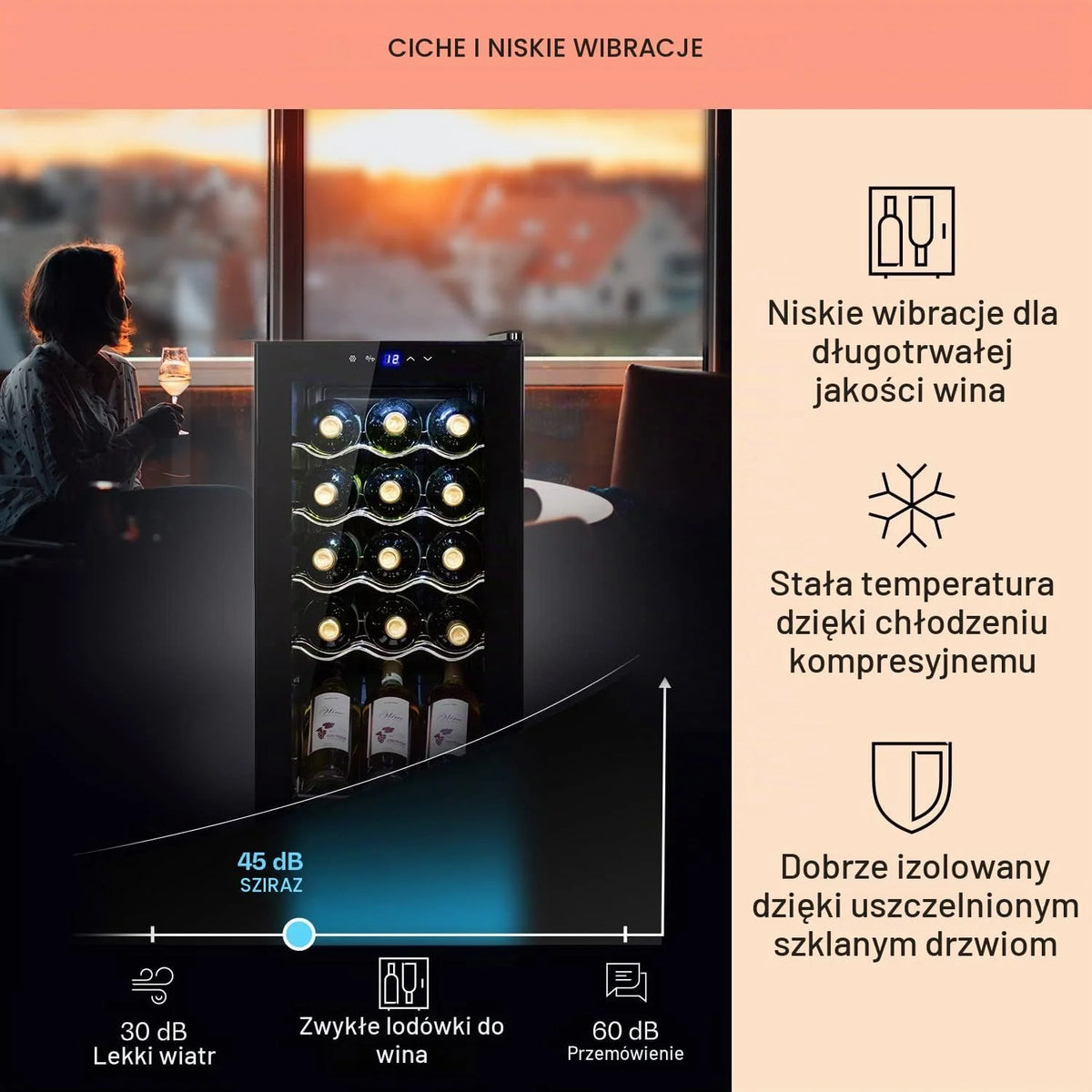 Klarstein Shiraz, chłodziarka do wina - mini lodówka, lodówka do wina, winiarka, kompaktowa chłodziarka na wino, przejrzysty dotykowy panel, led oświetlenie wnętrza, kolor czarny, wariant: 44l, 15 butelek