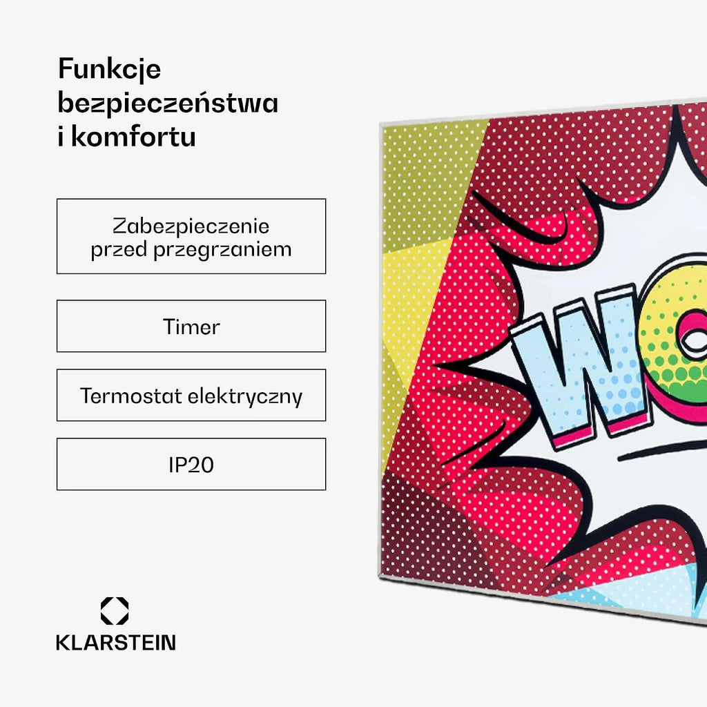 Klarstein Ogrzewanie na podczerwień z termostatem, 600W grzejnik elektryczny, Grzejnik obrazowy do montażu ściennego, IR z pilotem, Wykrywanie otwartego okna, do pomieszczeń wilgotnych