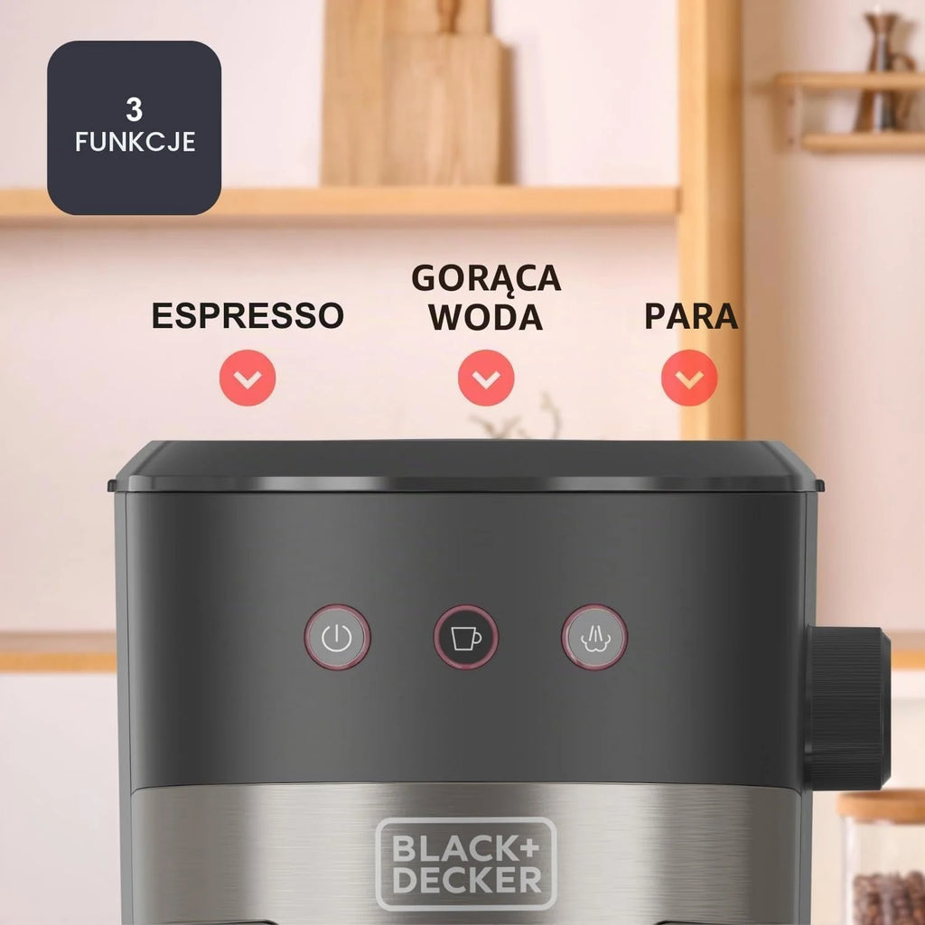 Black+Decker - Kompaktowy ekspres do kawy 1100 W | 20 barów ciśnieniowych | 3 funkcje | zintegrowana dysza parowa | wyjmowany zbiornik 1,4 l | Do kawy mielonej i kapsułek | Nowoczesny design