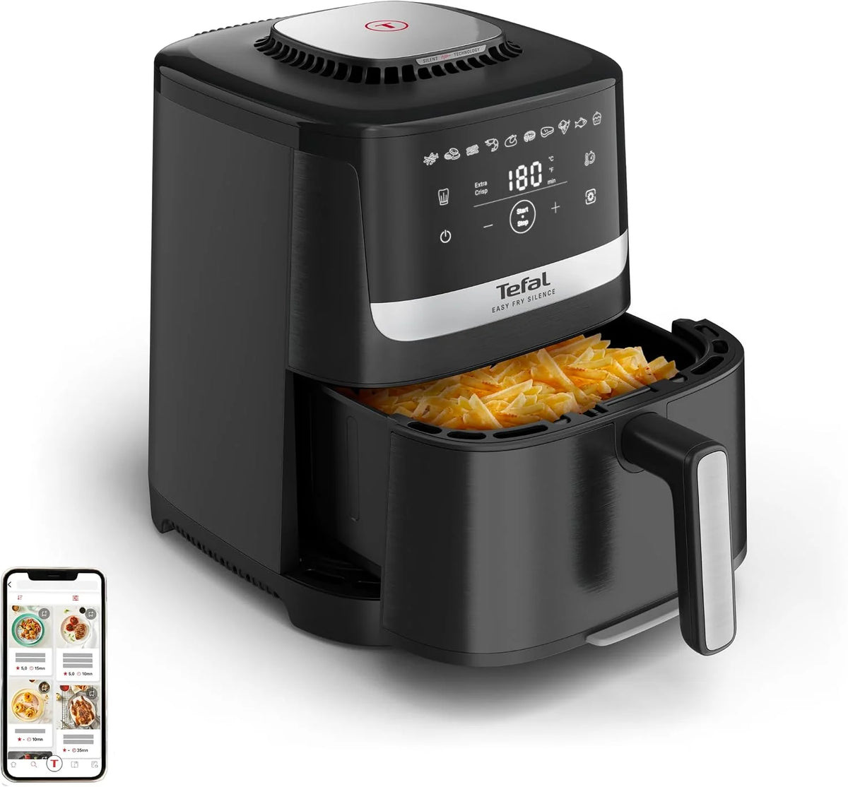 TEFAL EY5528 Frytkownica beztłuszczowa Easy Fry Silence cicha praca, 1670W, 10 programów, pojemność 5l, 99% mniej tłuszczu, Extra Crisp, odpinany uchwyt misy, łatwe czyszczenie, 40-220°C, czarna