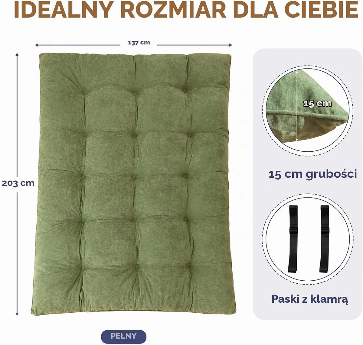 MAXYOYO materac futon, tkanina szenilowa, 15 cm grubości, składany materac futon do kanapy wypełniony strzępioną pianką, szyty guzikiem, praktyczna składana mata podłogowa (bez ramy)