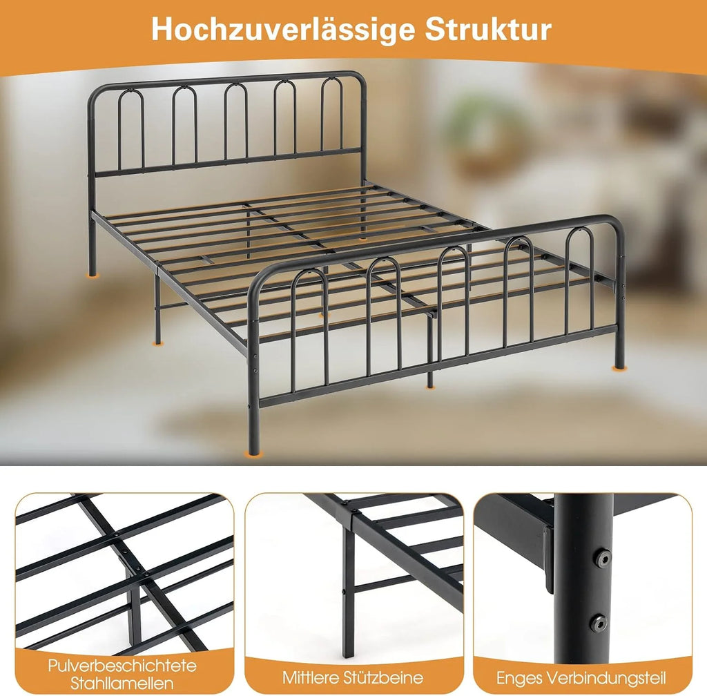 COSTWAY Metalowa rama łóżka, na materac 200 x 160 cm, rama łóżka podwójnego, ze stelażem, z miejscem do przechowywania pod łóżkiem, metalowe łóżko dla gości