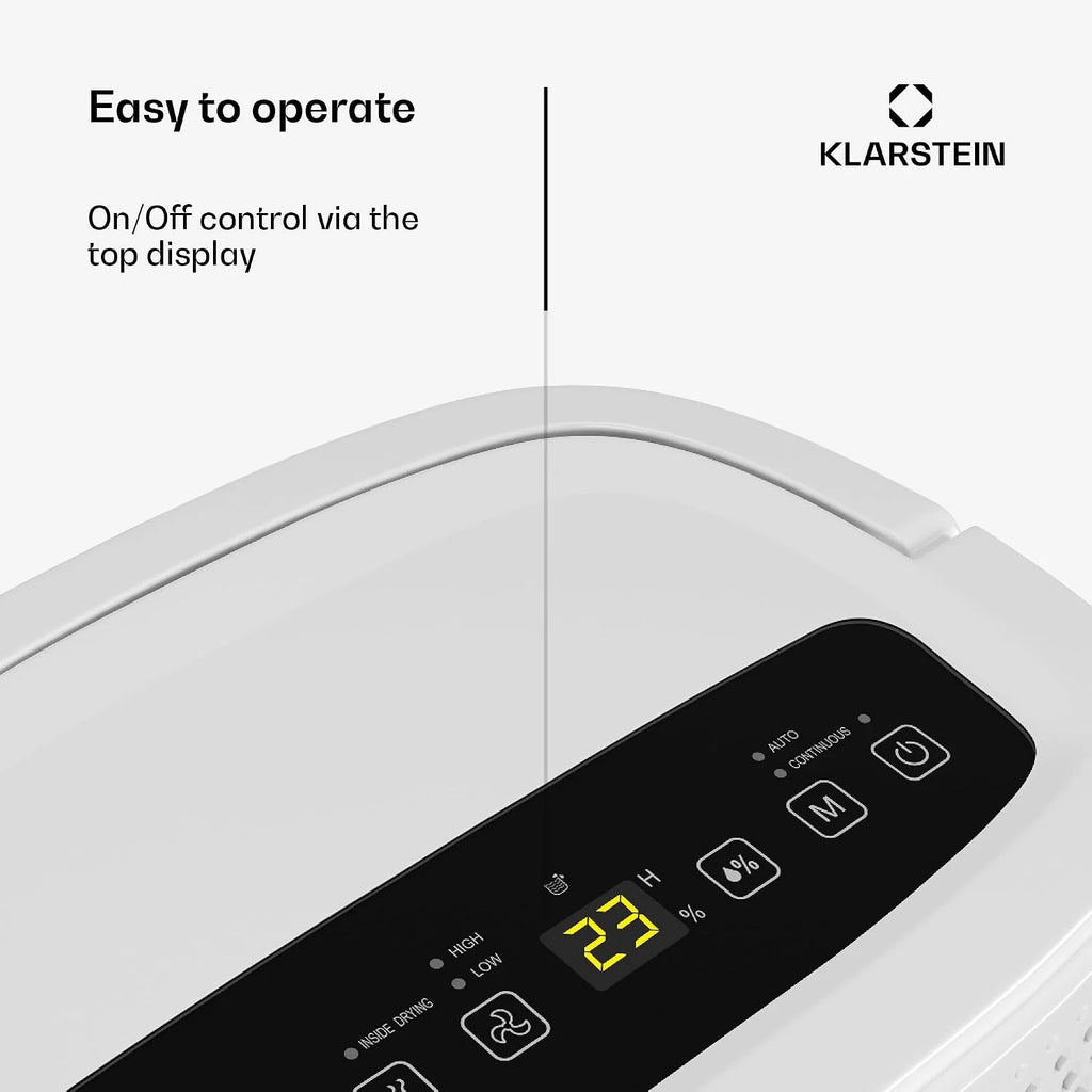 Osuszacz powietrza Klarstein DryFy 10L - 240 W, 10 l/dzień, zbiornik 1,8 l, cichy 42 dB, automatyczne osuszanie, timer, do domu, sypialni, łazienki, biały