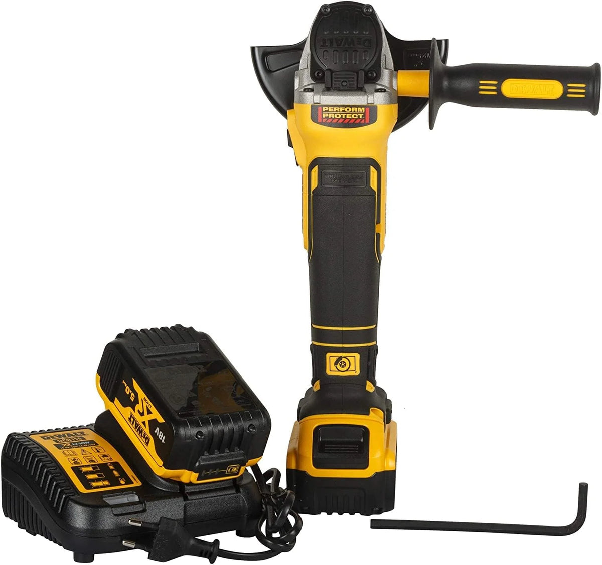 Dewalt DCG405P2 akumulatorowa szlifierka kątowa 18 V 125 mm (800 W, silnik bezszczotkowy, uzwojenia opancerzone z żywicy epoksydowej, sprzęgło elektroniczne i hamulec, w zestawie 2 x akumulatory 5,0