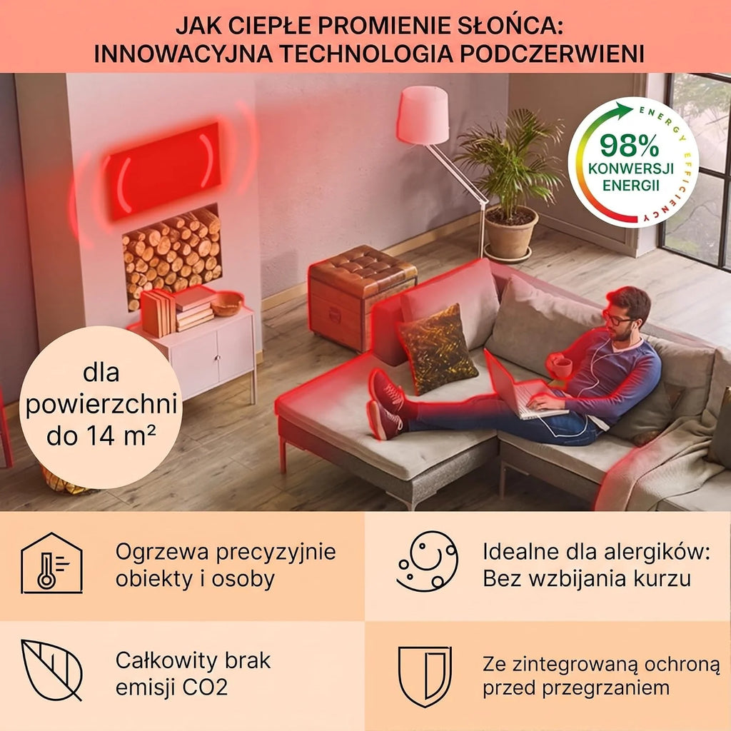 Klarstein Ogrzewanie na podczerwień z termostatem, 700W grzejnik elektryczny, Ogrzewanie z grafiką do montażu ściennego, IR ze sterowaniem IoT/WiFi, Płaski grzejnik do pomieszczeń wilgotnych, bez CO2