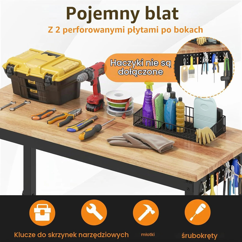 COSTWAY Regulowany stół warsztatowy na kółkach, stół roboczy z drewna gumowego z 2 płytkami perforowanymi i metalową ramą, udźwig 1100 kg, stół warsztatowy, stół narzędziowy o powierzchni roboczej 122