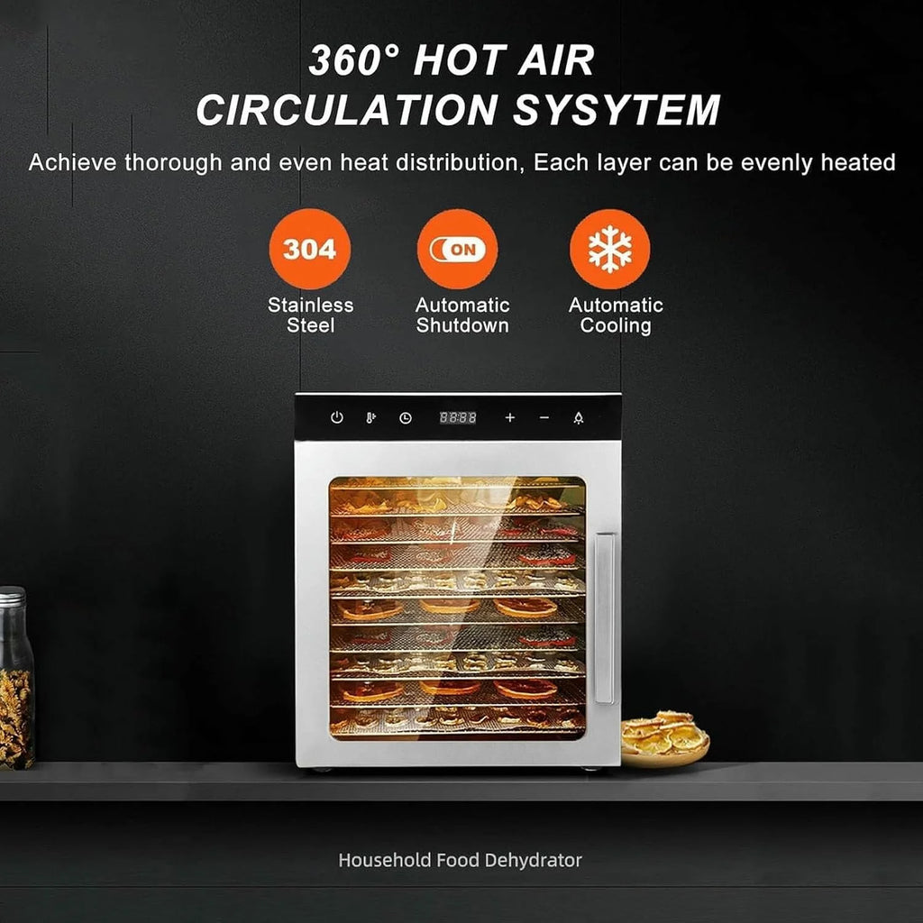 10-taca Cicha suszarka do żywności, suszarka do zamrażania 800W z regulacyjną temperaturą 30-90 °C - 24H Timer, duża pojemność warzyw, owoców, mięsa i przekąsek