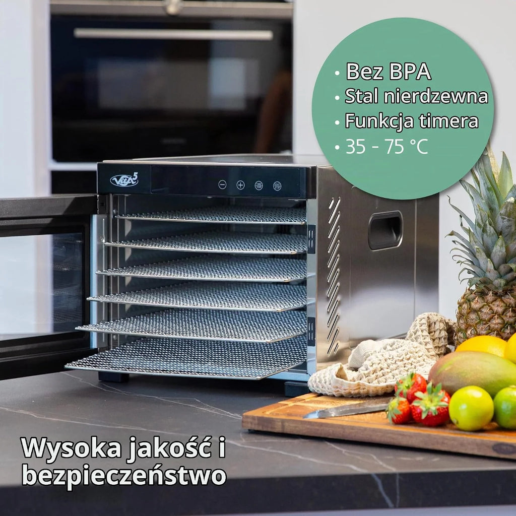 VITA5 Suszarka do Żywności 6 Tac Stal Nierdzewna 650 W Timer 24 H
