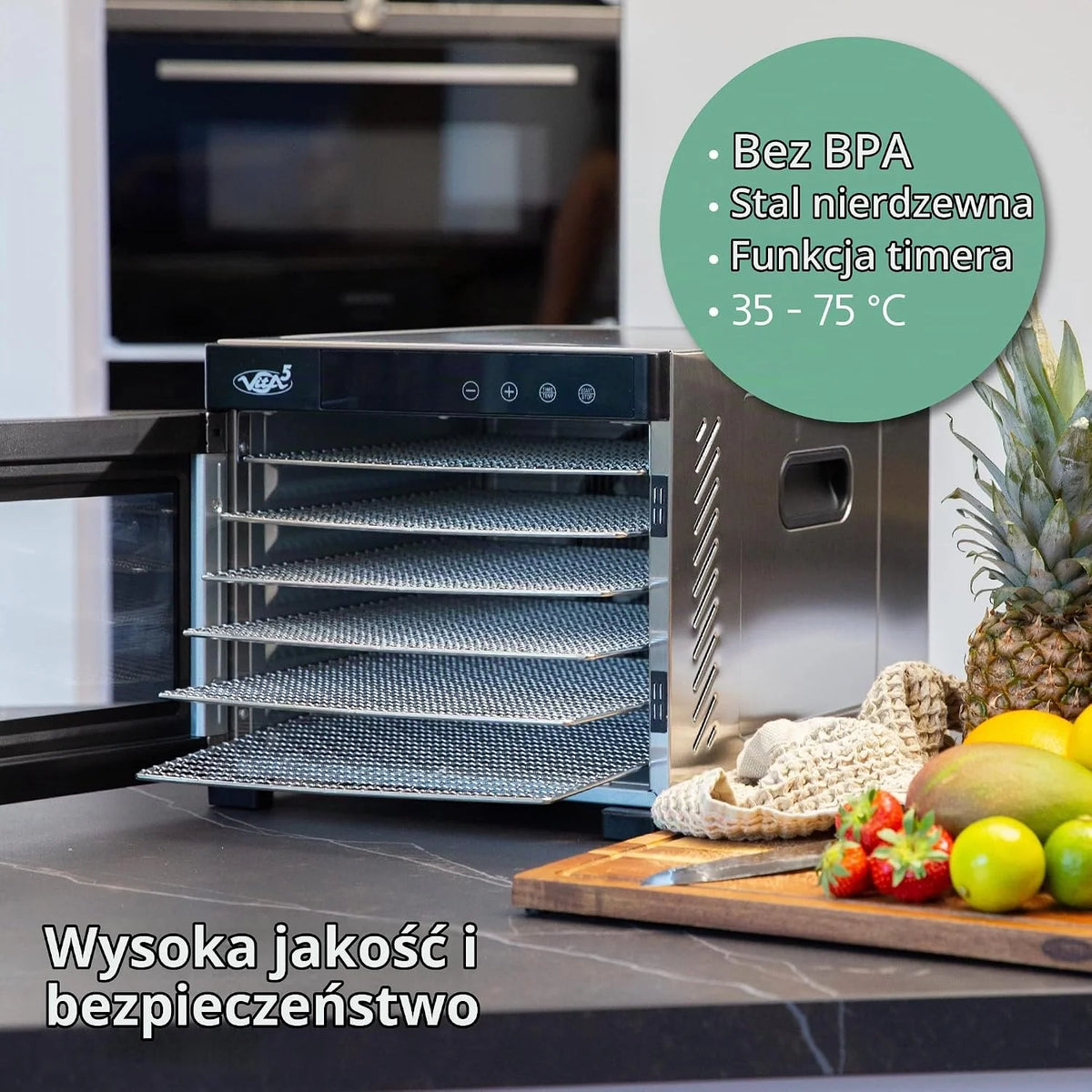 VITA5 Suszarka do Żywności 6 Tac Stal Nierdzewna 650 W Timer 24 H