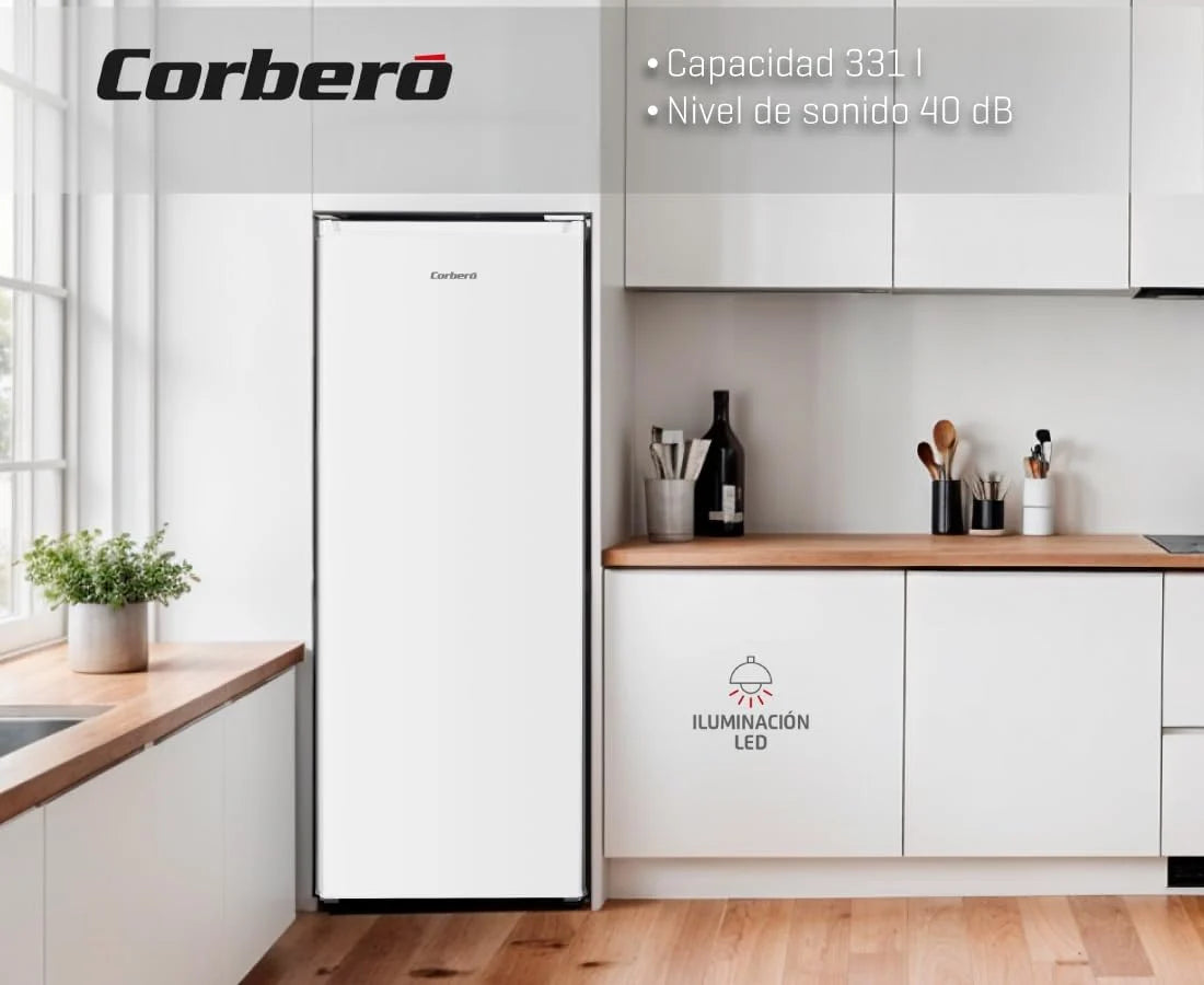 Corbero – Lodówka 1-drzwiowa | CCLH17023W | 331L | 171,5 x 60 x 59 cm | Szuflada do ścinania | Szklane półki i jajko | Odwracalne drzwi | Nogi poziomujące | biały