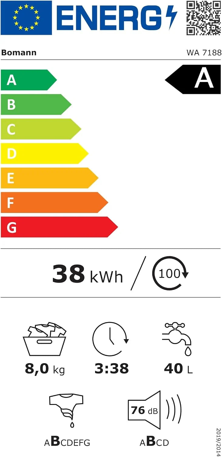 Bomann® WA 7188 pralka 8 kg | 5 lat silnika | wydajna, cicha i trwała | maks. 1400 obr./min | 15 programów | funkcja pary | wyświetlacz LED | Washing Machine | WA 7188 biało-czarna