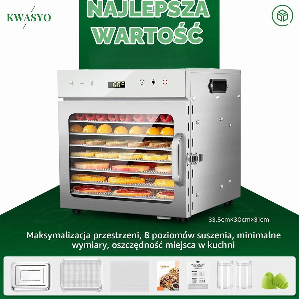 Kwasyo Suszarka ze stali nierdzewnej, 8 poziomów z 6 foliami do suszenia, książka z przepisami, nie zawiera BPA, regulacja temperatury 30-90°C, maks. 24 godziny, suszarka do warzyw, mięsa, owoców