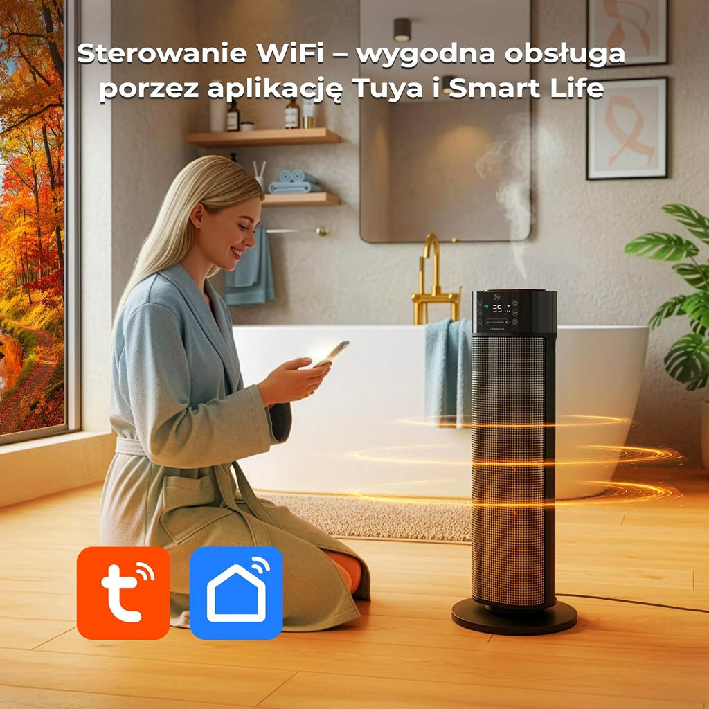 2w1 termowentylator z nawilżaczem 2000W Mistiq WiFi, oscylacja 80°, tryb ECO, timer 24h, energooszczędna elektryczna nagrzewnica PTC do pomieszczeń